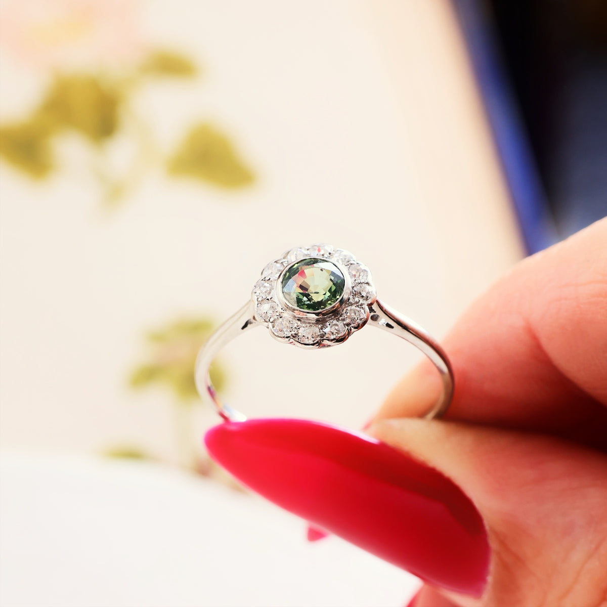 Vintage Green Sapphire & Diamond Engagement Ring