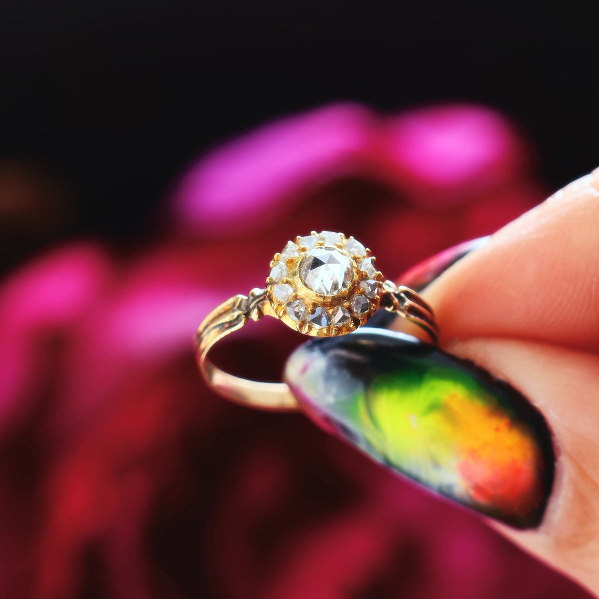 Vintage Recycled Rose Cut Diamond Rosette Engagement Ring