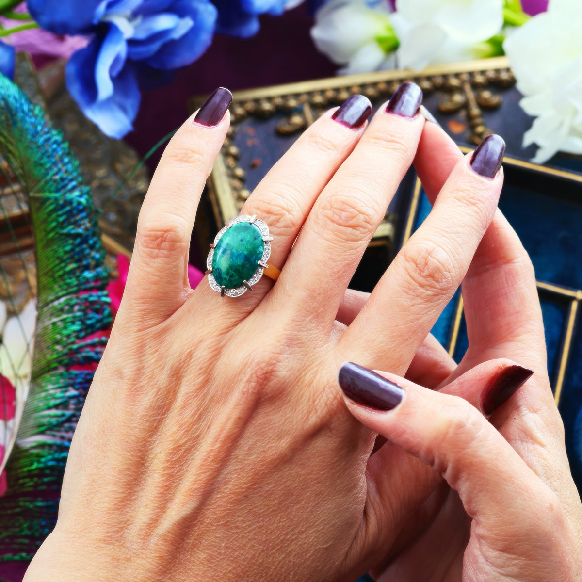 Dramatic Vintage 1970's Chrysocolla & Diamond Cocktail Ring