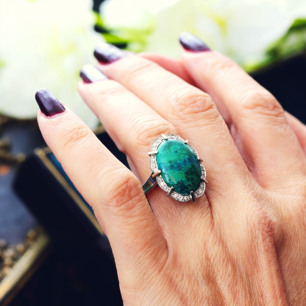 Dramatic Vintage 1970's Chrysocolla & Diamond Cocktail Ring