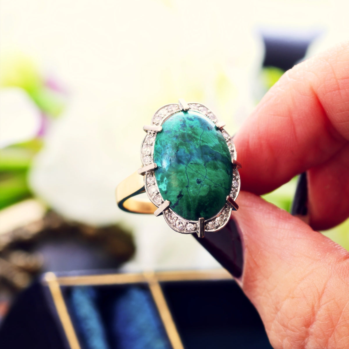 Dramatic Vintage 1970's Chrysocolla & Diamond Cocktail Ring