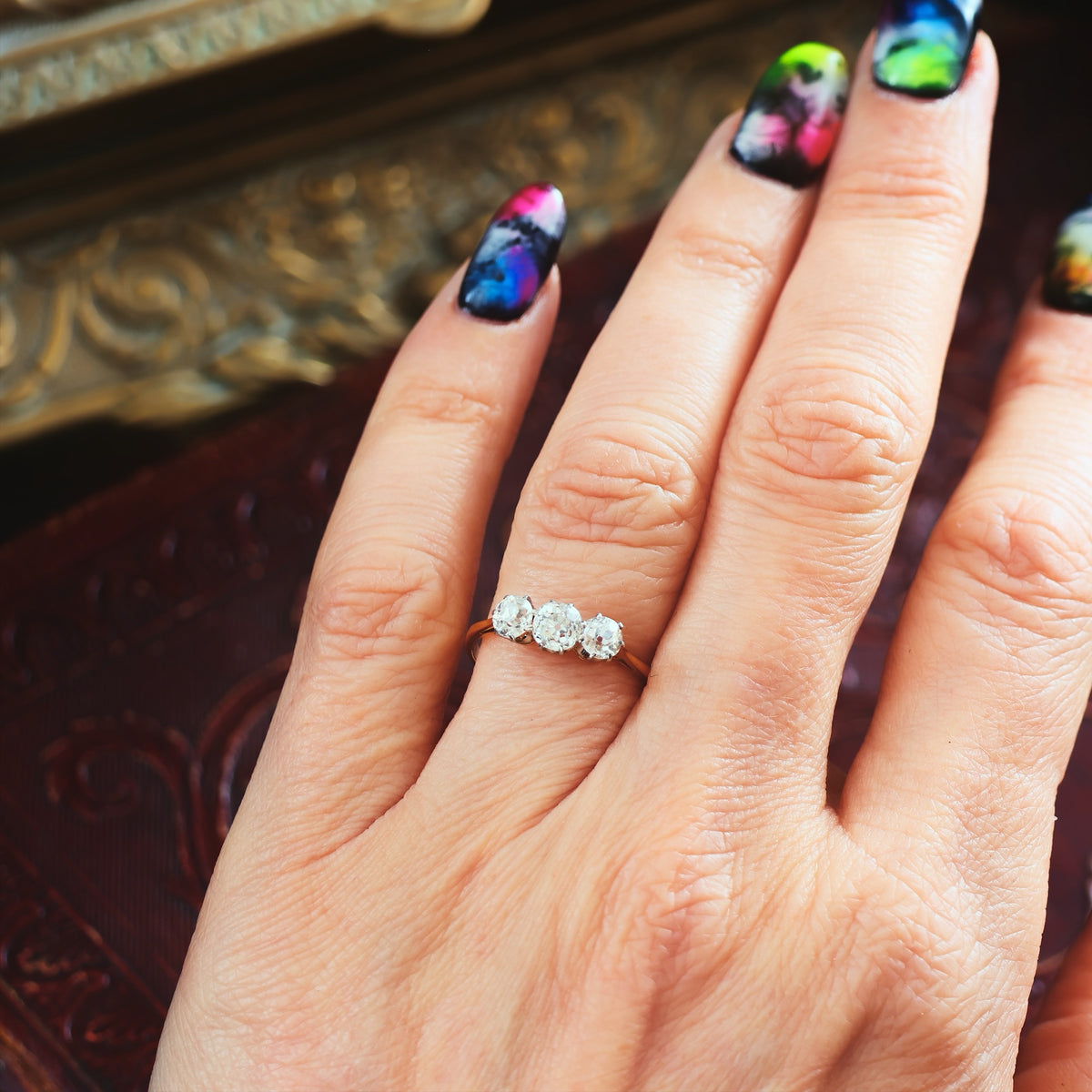 Vintage Old Mine Cut Diamond Trilogy Engagement Ring