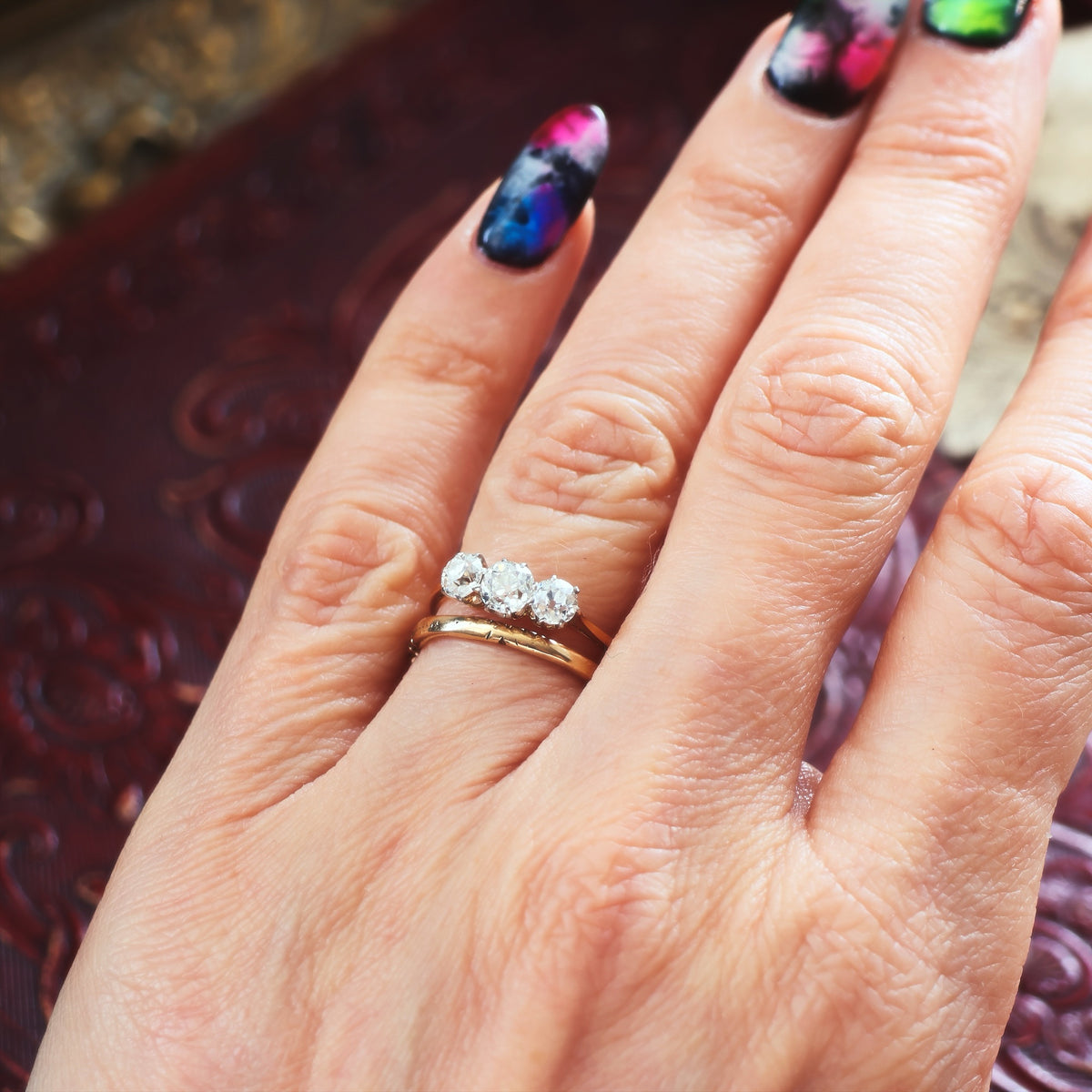 Vintage Old Mine Cut Diamond Trilogy Engagement Ring