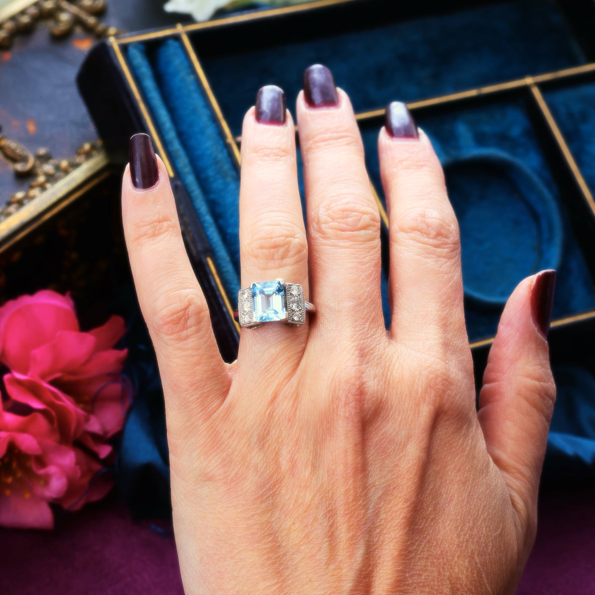 Dramatic Vintage Aquamarine & Diamond Cocktail Ring