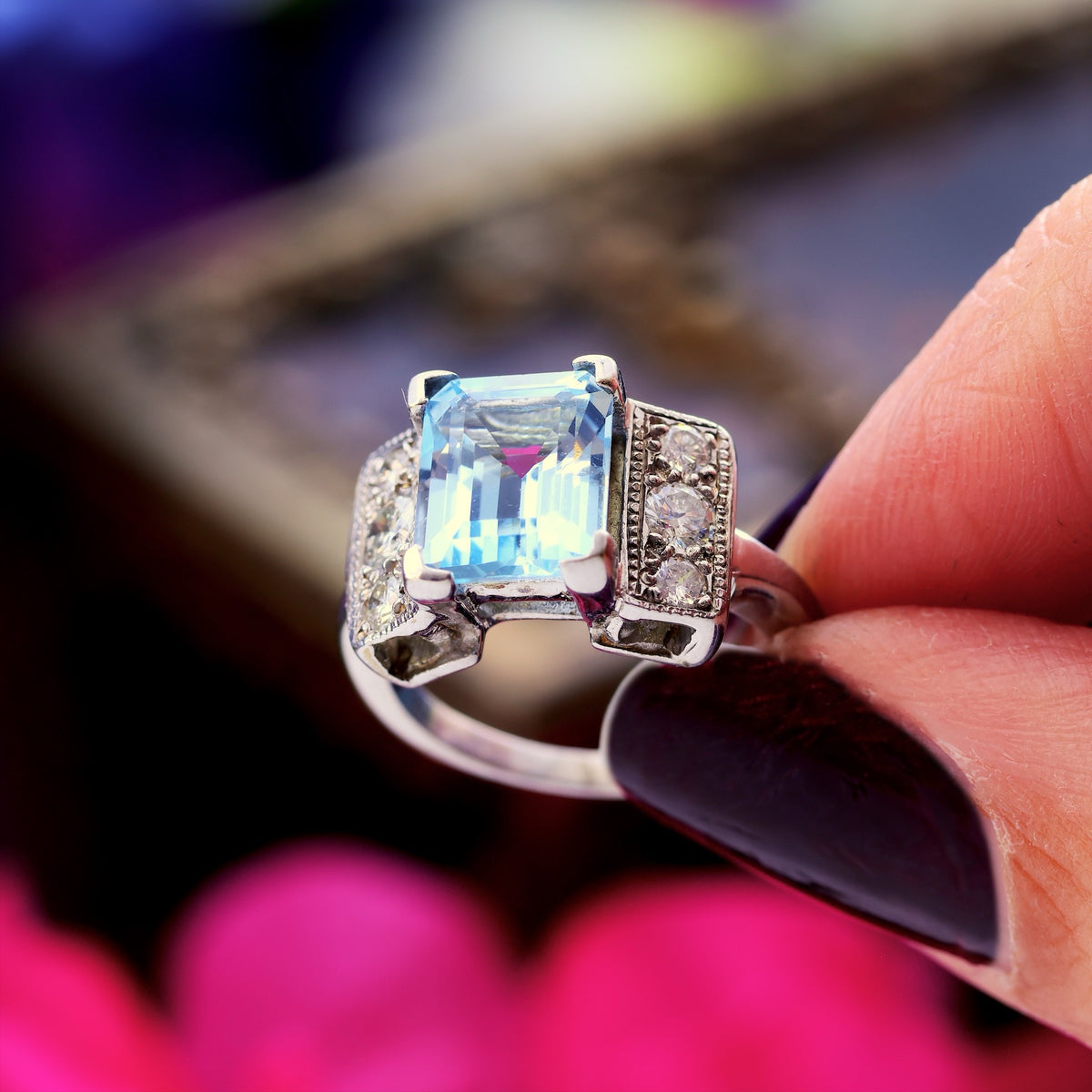 Dramatic Vintage Aquamarine & Diamond Cocktail Ring