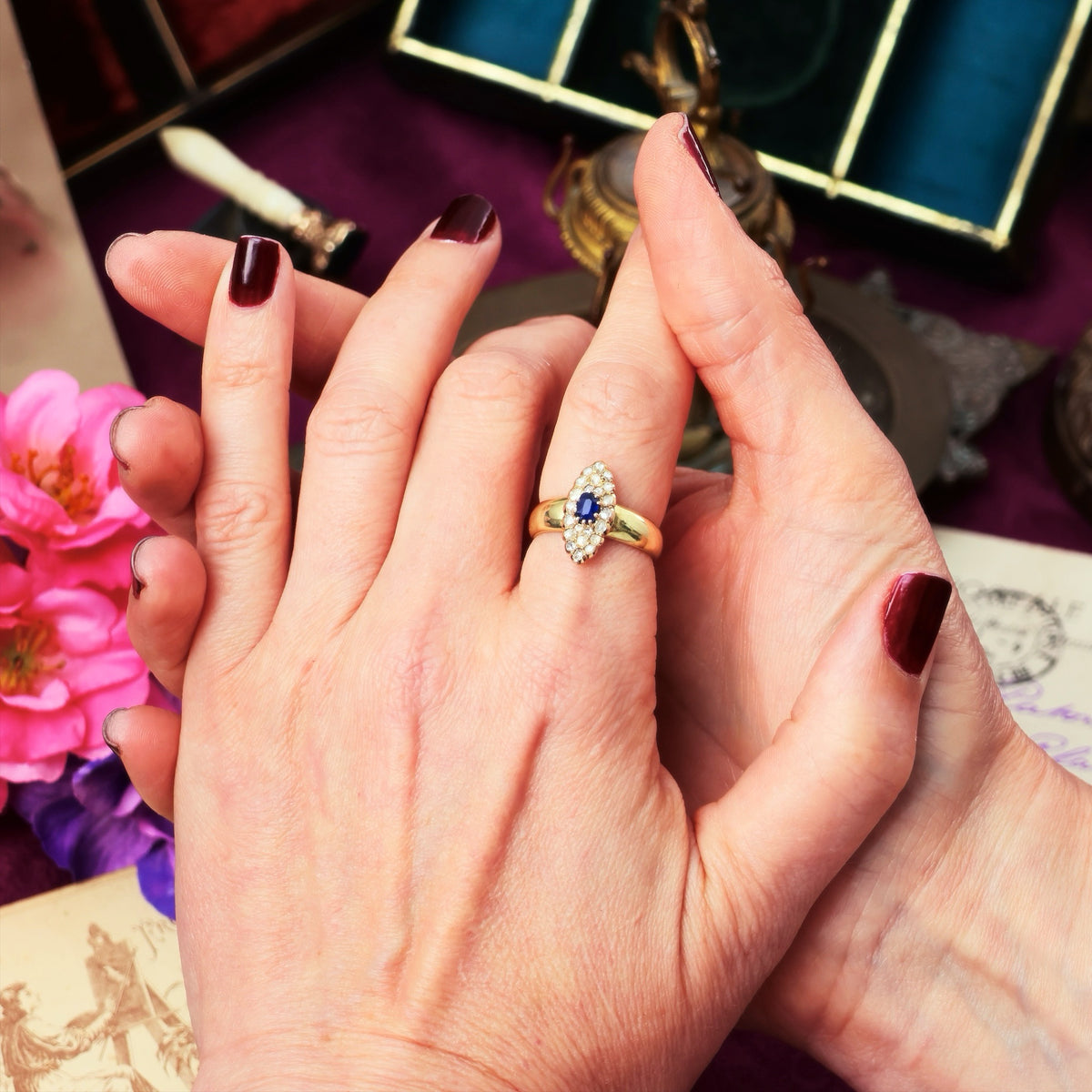 Delightful Deep Blue Sapphire & Diamond Cluster Ring