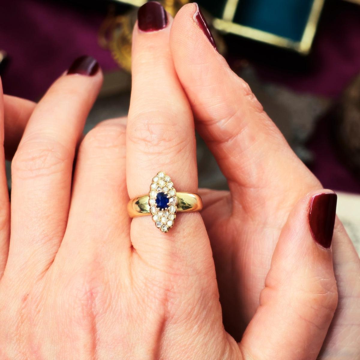 Delightful Deep Blue Sapphire & Diamond Cluster Ring