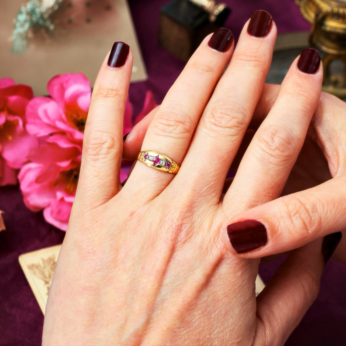 Date 1915 Gypsy Set Ruby & Diamond Ring