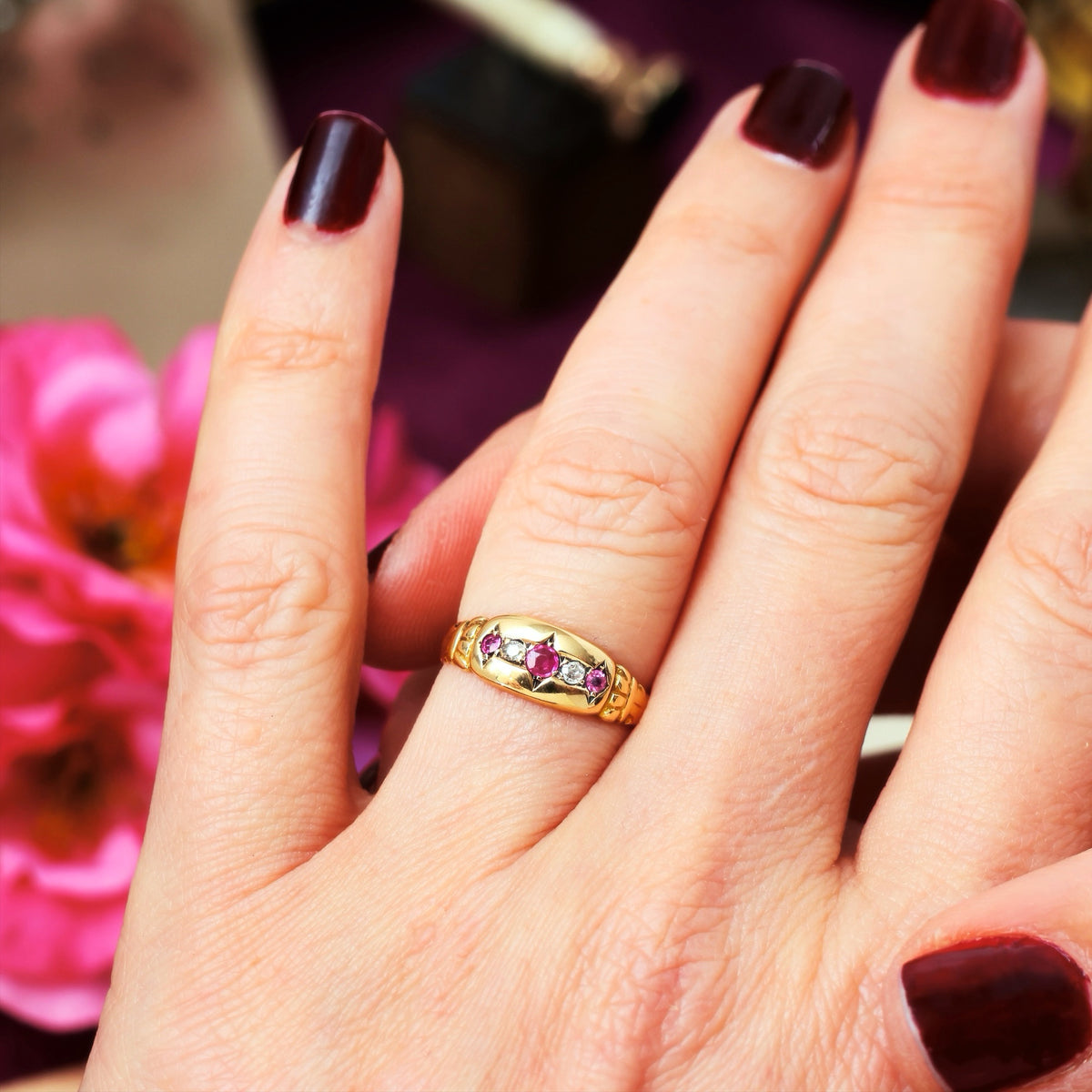 Date 1915 Gypsy Set Ruby & Diamond Ring