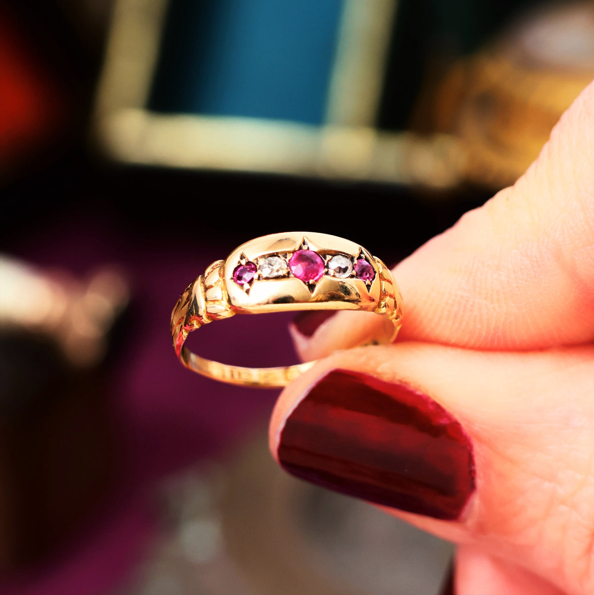 Date 1915 Gypsy Set Ruby & Diamond Ring
