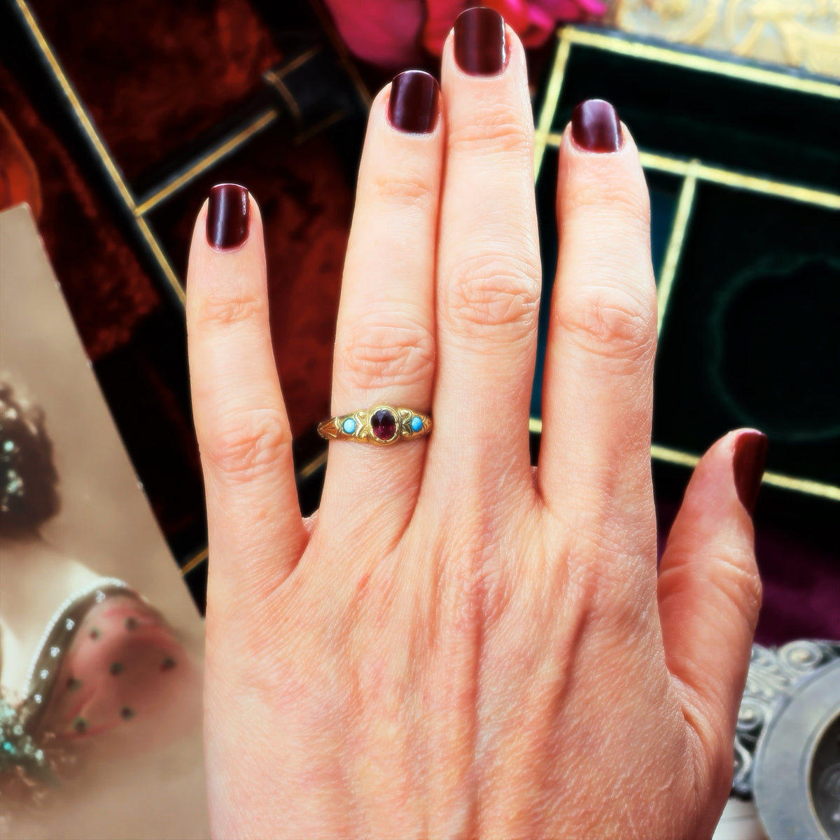 Antique Victorian Etruscan Style Garnet and Turquoise Ring