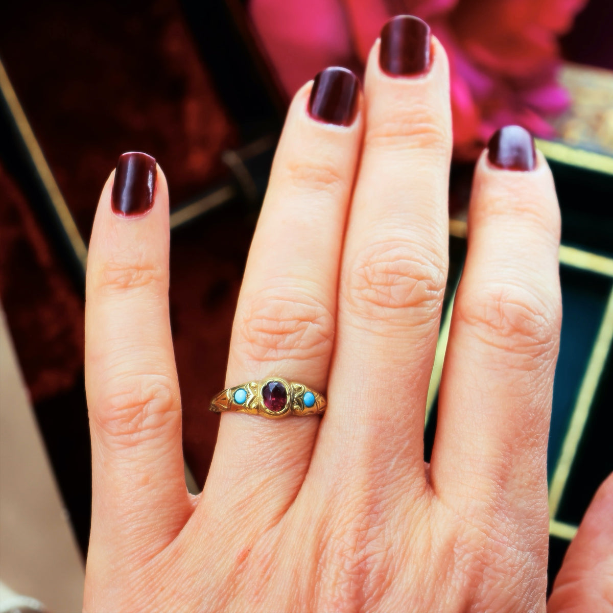 Antique Victorian Etruscan Style Garnet and Turquoise Ring