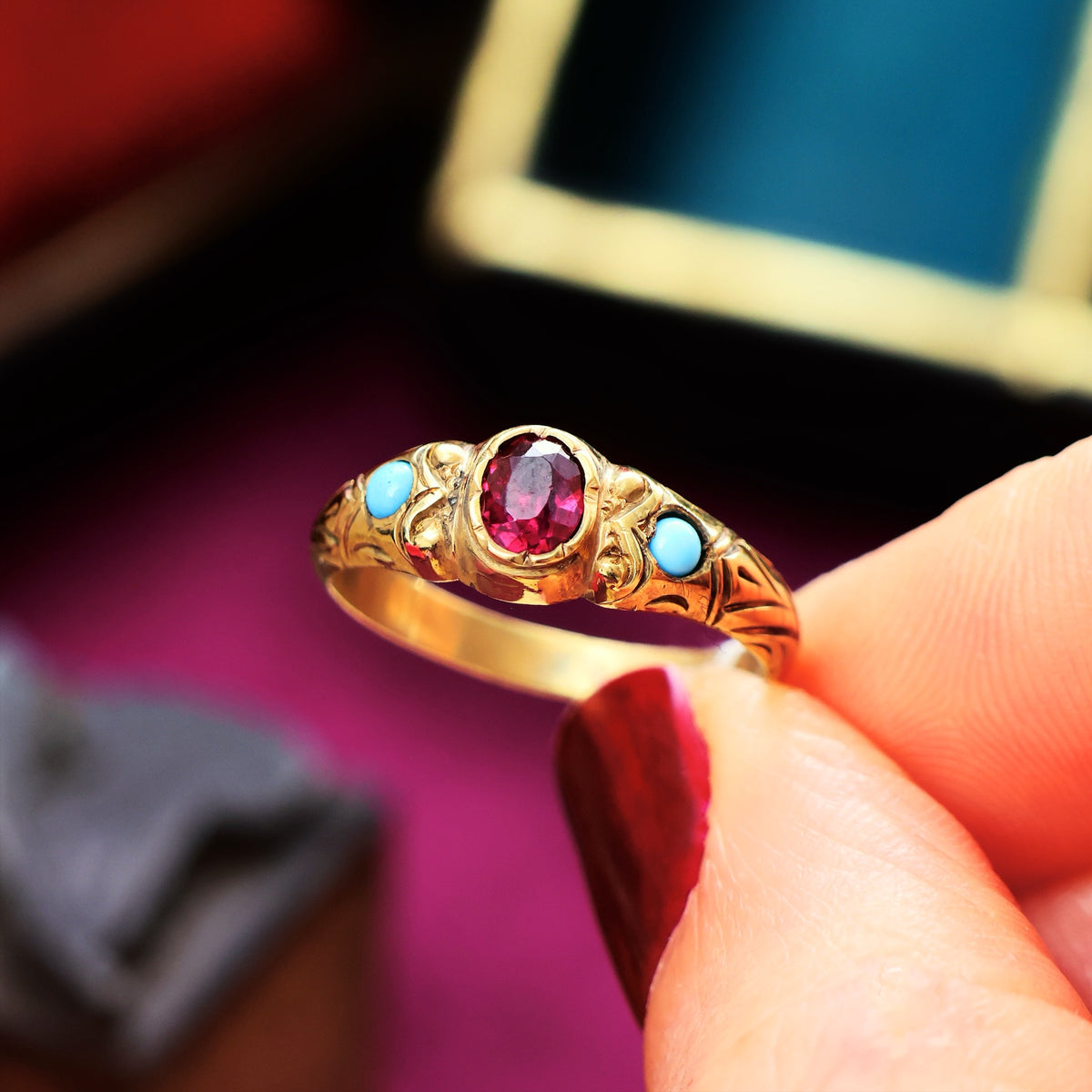 Antique Victorian Etruscan Style Garnet and Turquoise Ring