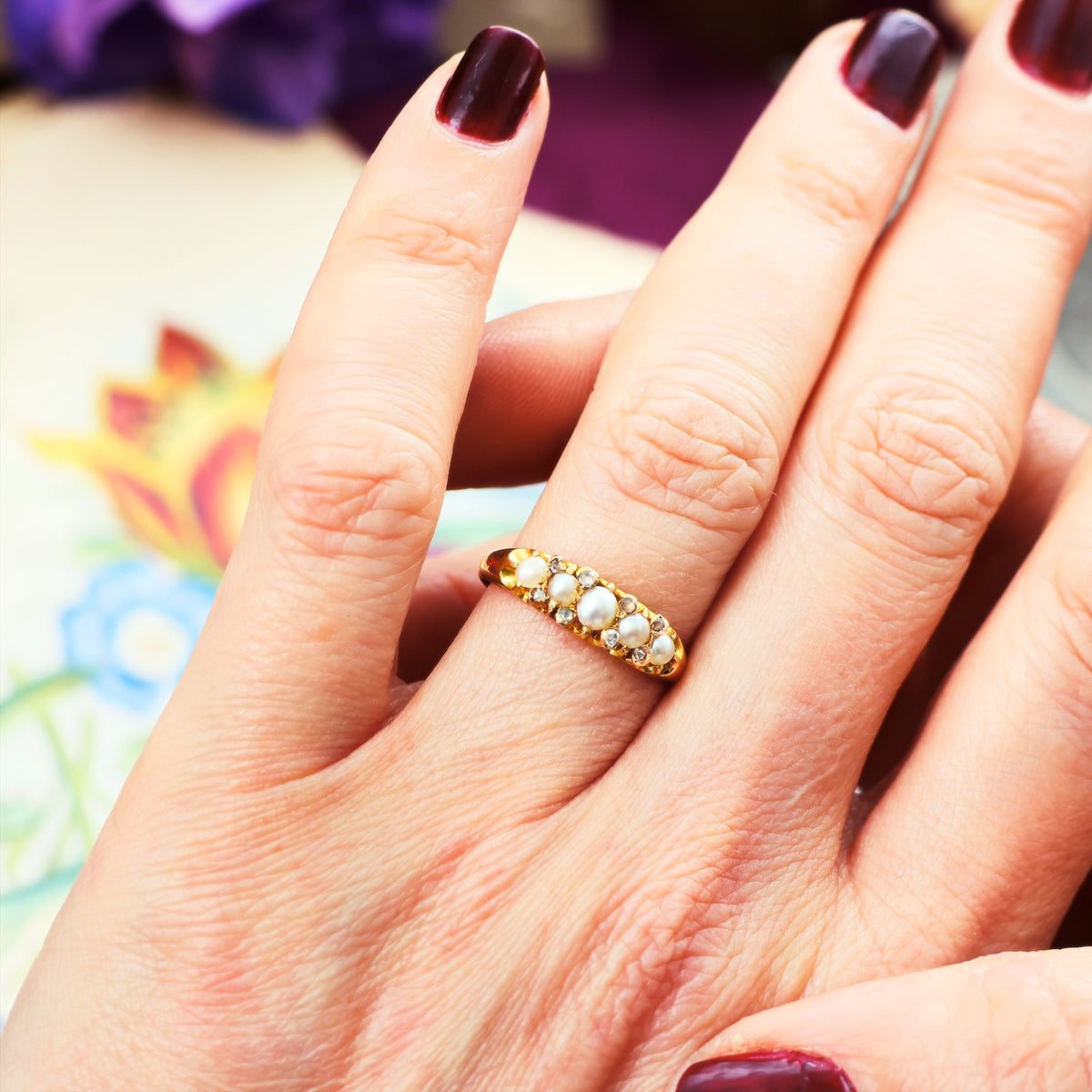Date 1869 Gothic Revival Pearl & Rose Cut Diamond Ring
