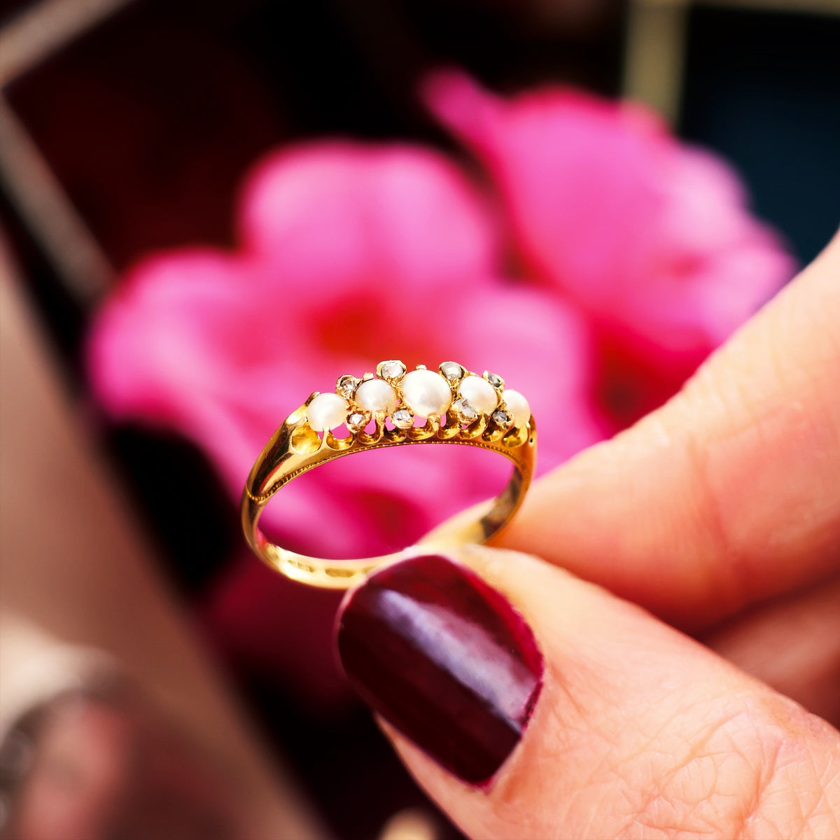 Date 1869 Gothic Revival Pearl & Rose Cut Diamond Ring