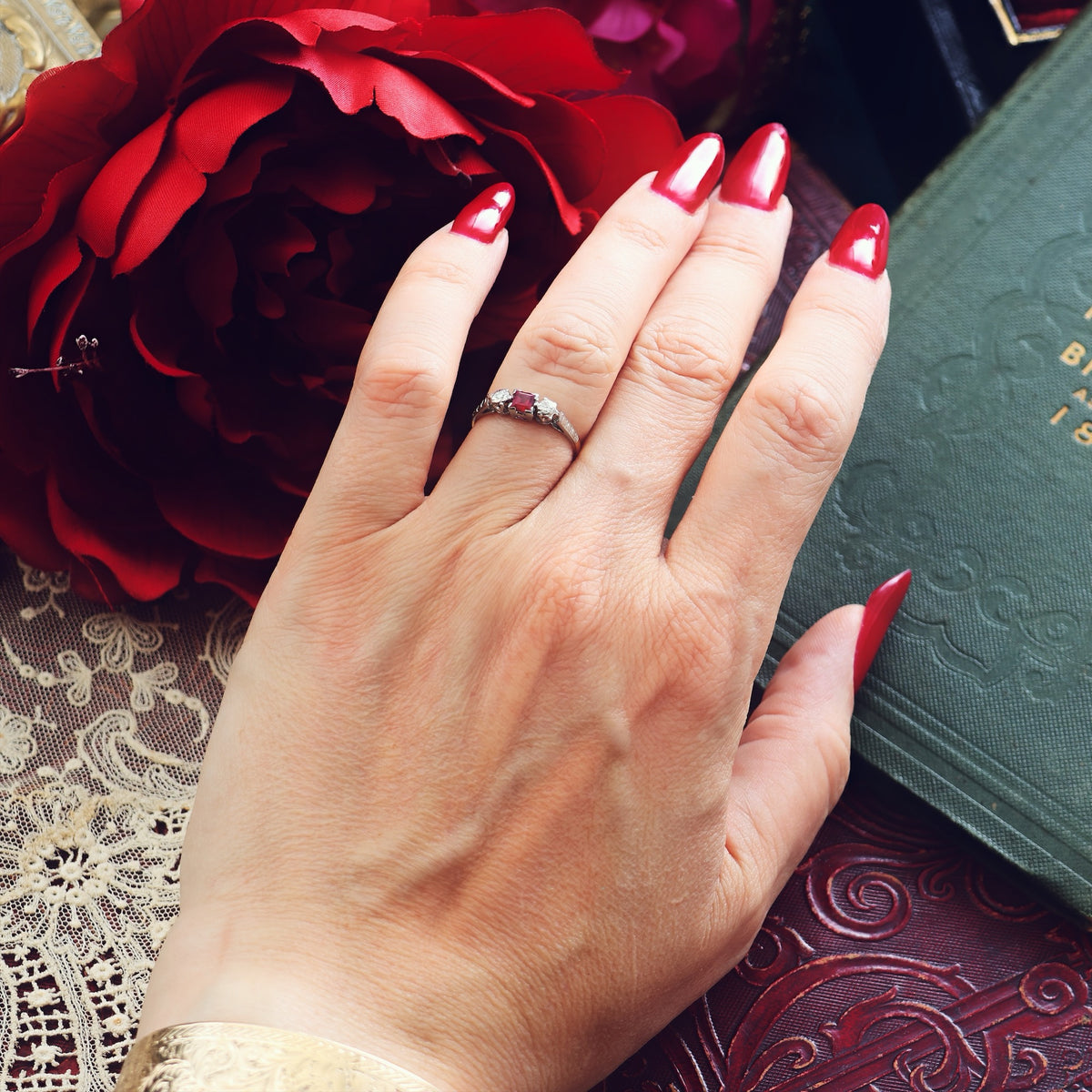 Dainty Vintage Ruby & Diamond Trilogy Engagement Ring