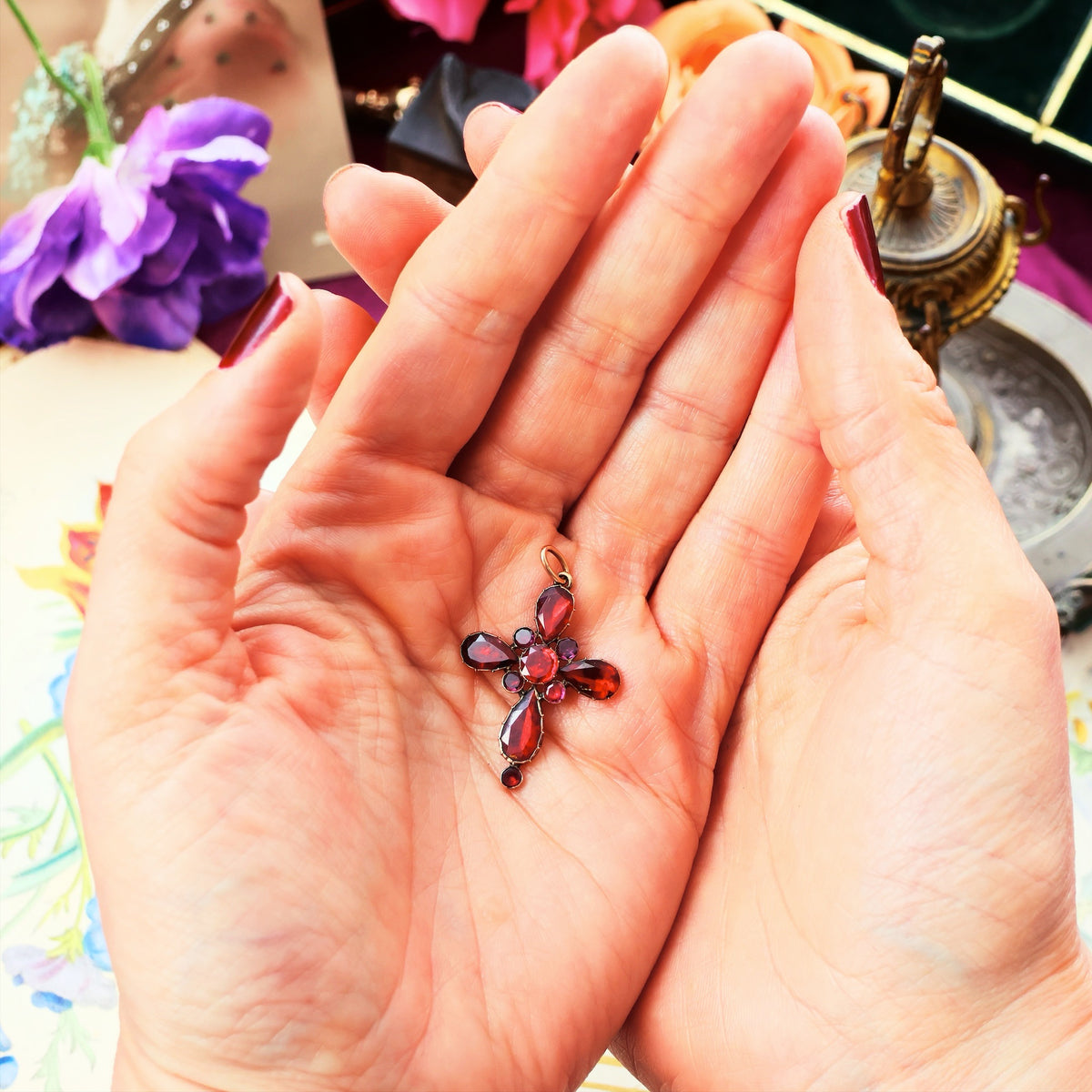 Georgian Revival Foiled Garnet Cross