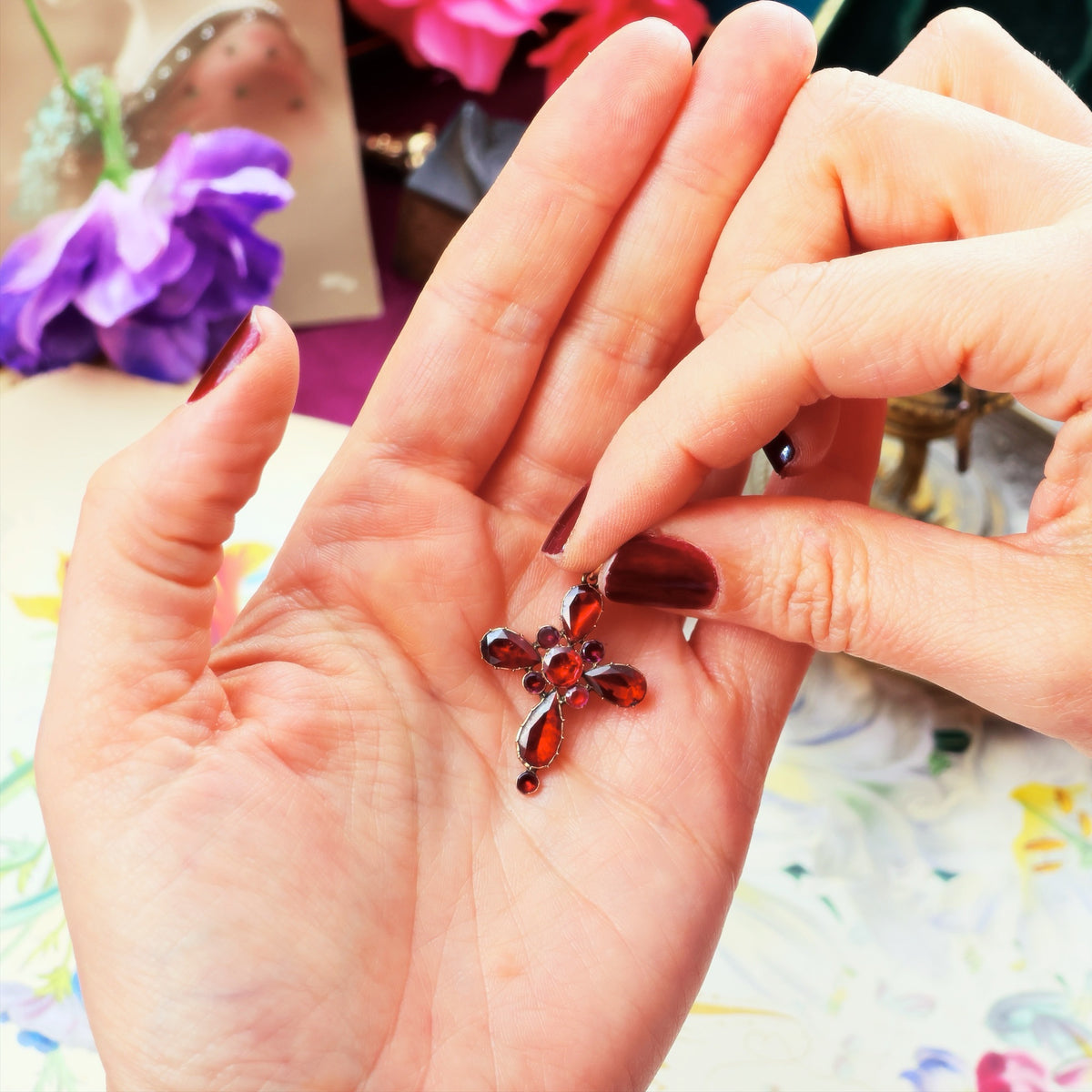 Georgian Revival Foiled Garnet Cross
