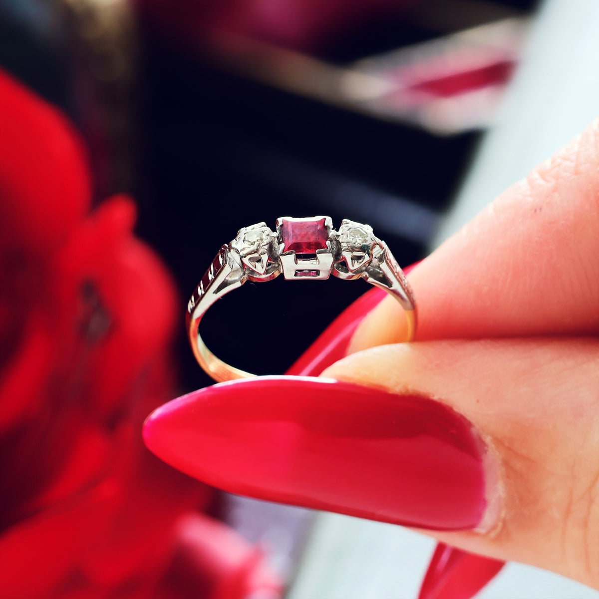 Dainty Vintage Ruby & Diamond Trilogy Engagement Ring