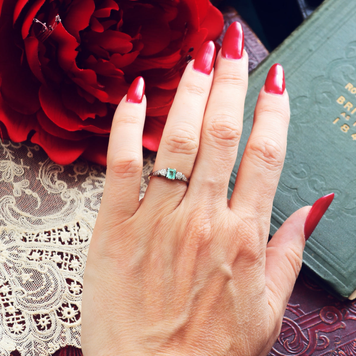 Adorable Vintage Emerald & Diamond Trilogy Engagement Ring