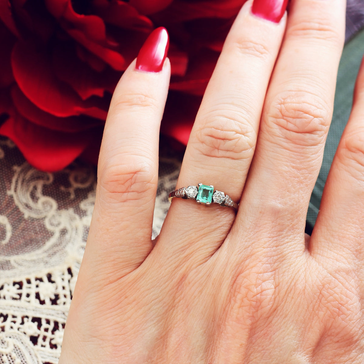 Adorable Vintage Emerald & Diamond Trilogy Engagement Ring