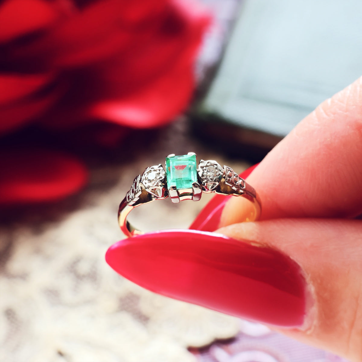Adorable Vintage Emerald & Diamond Trilogy Engagement Ring