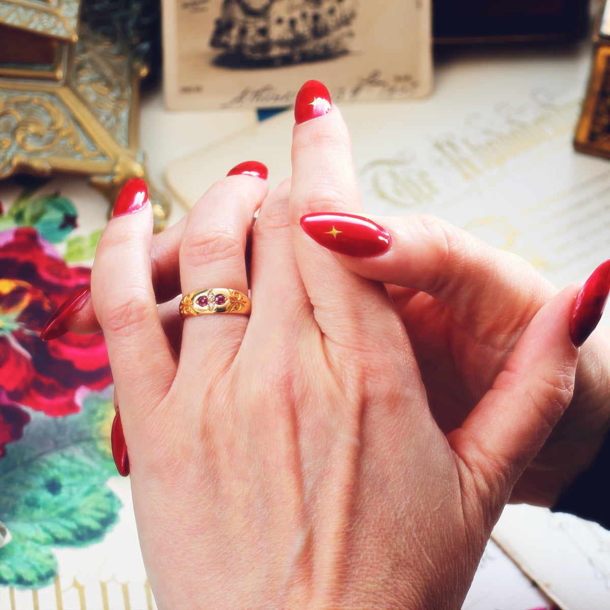 Antique Date 1899 Gypsy Ruby & Diamond Ring
