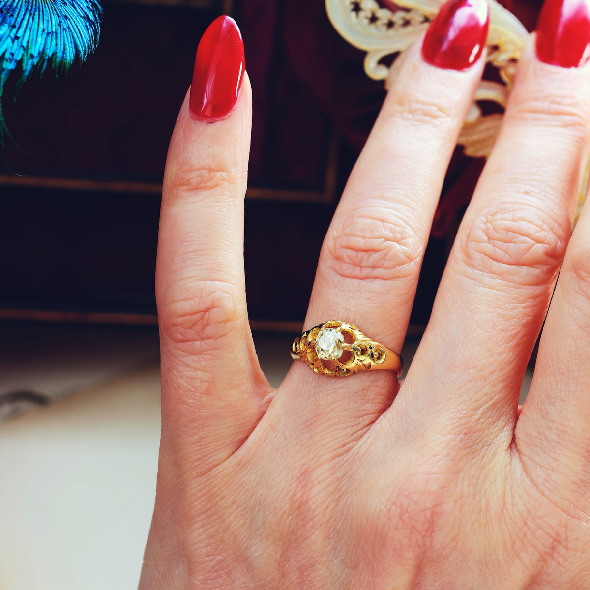 Antique Gothic Revivalist Diamond Solitaire Engagement Ring