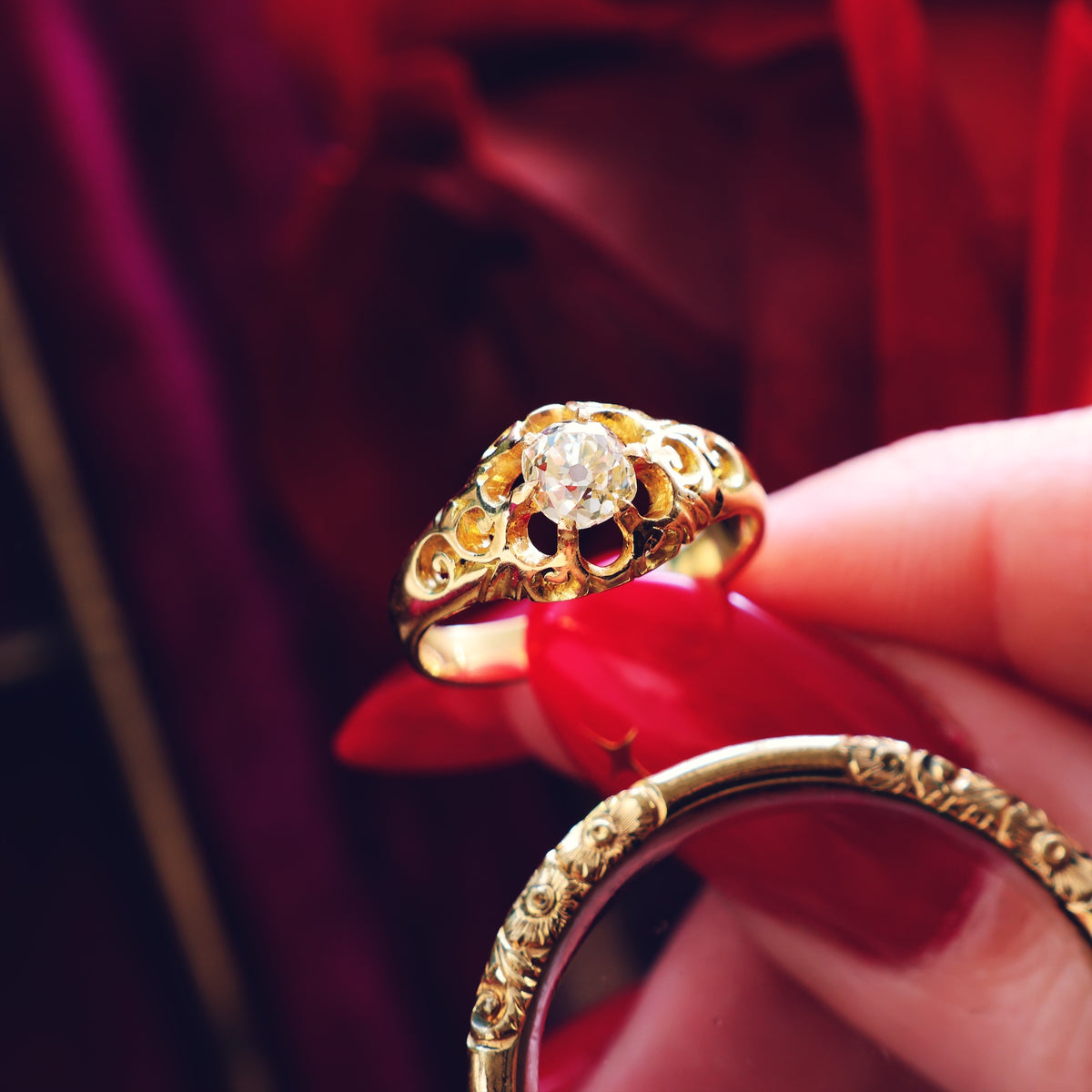 Antique Gothic Revivalist Diamond Solitaire Engagement Ring