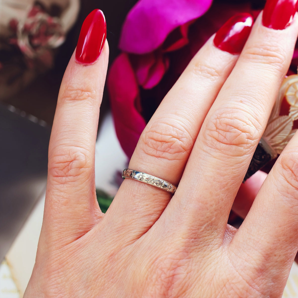 Size L or 5.5 Hand Engraved White Gold Wedding Band