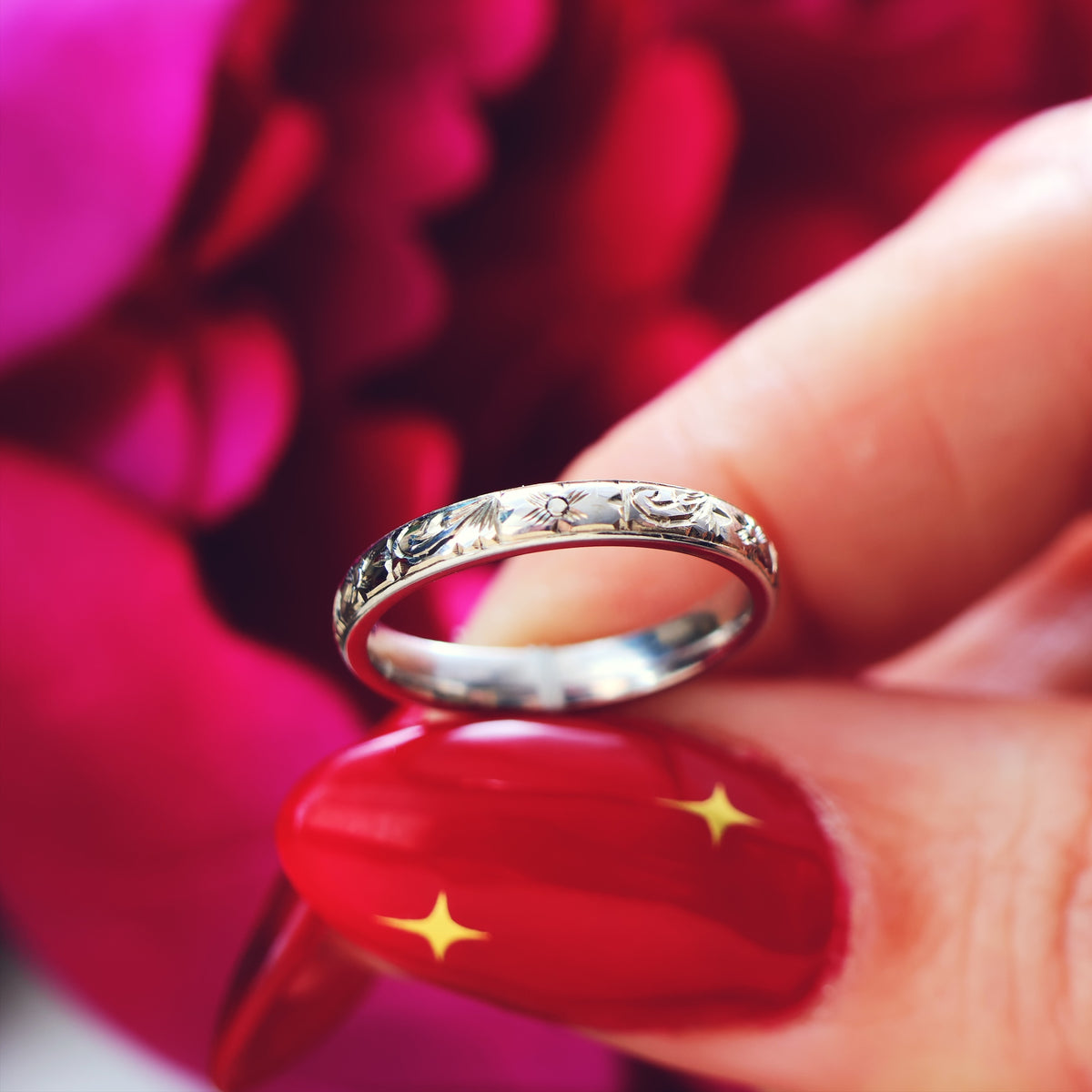 Size L or 5.5 Hand Engraved White Gold Wedding Band