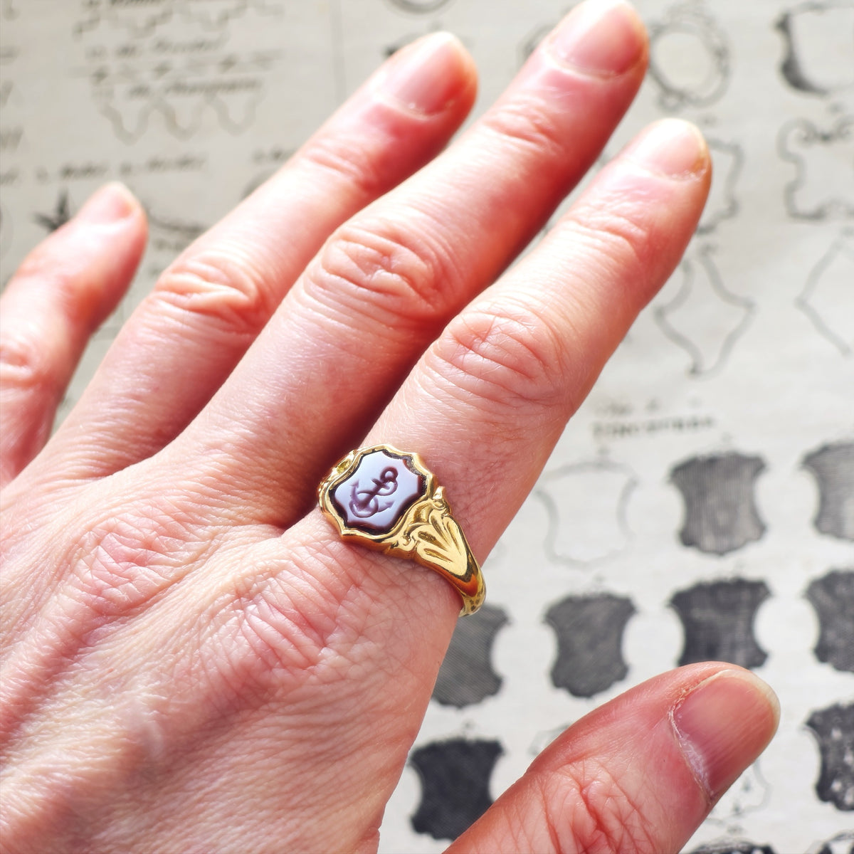 Date 1922 Shield Shaped Sardonyx Anchor Signet Ring