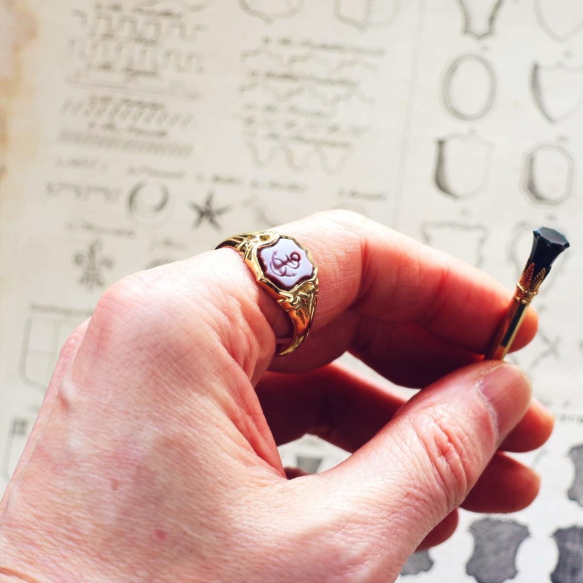 Date 1922 Shield Shaped Sardonyx Anchor Signet Ring