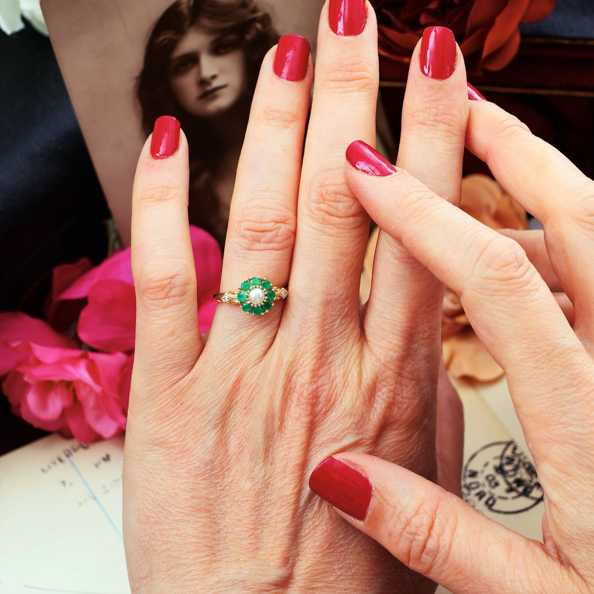Cute Emerald Pearl & Diamond Cluster Ring