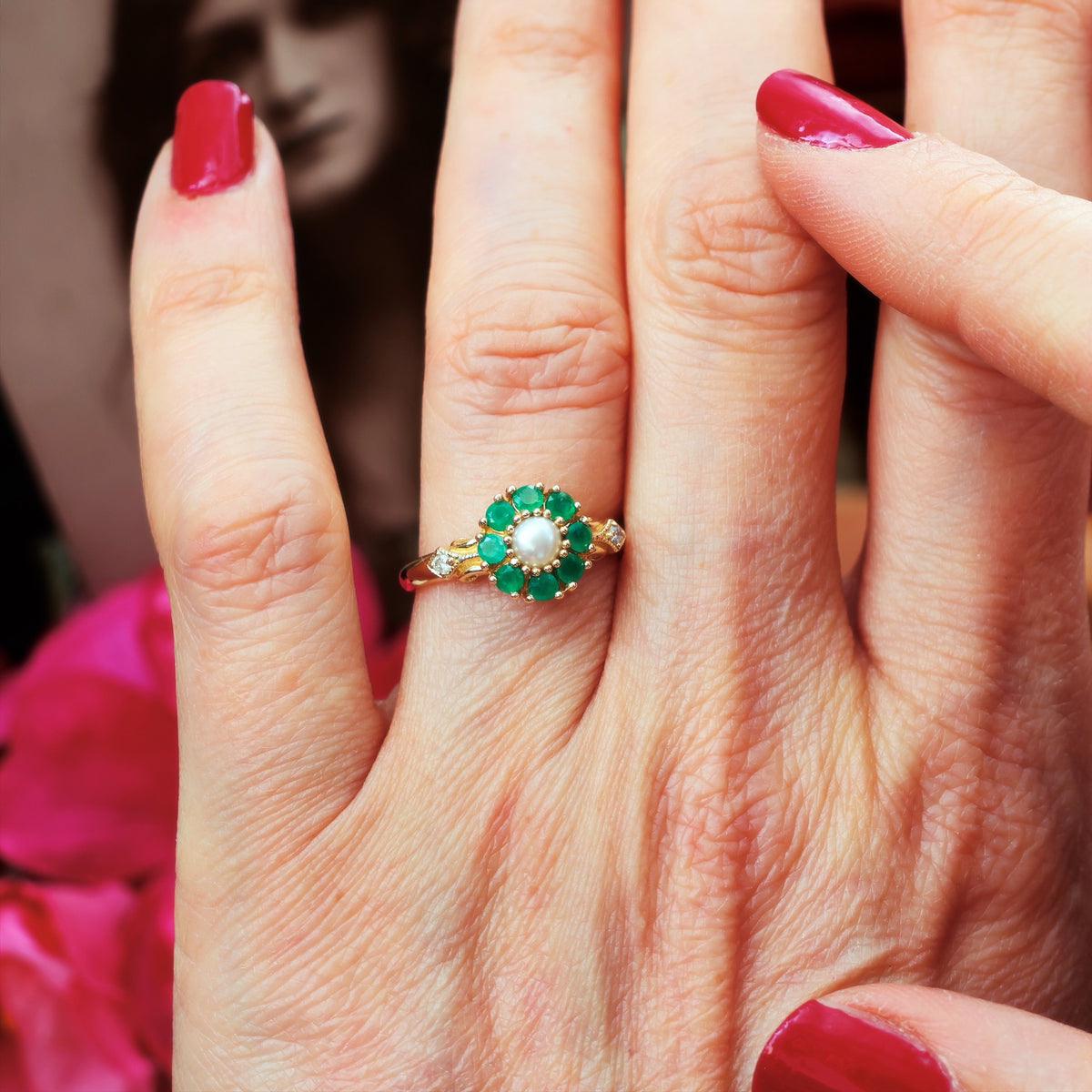 Cute Emerald Pearl & Diamond Cluster Ring