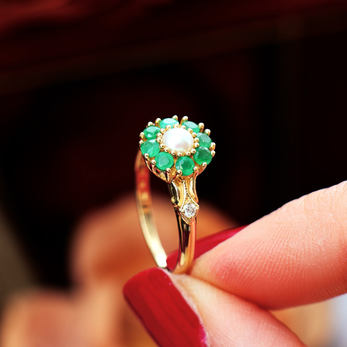 Cute Emerald Pearl & Diamond Cluster Ring