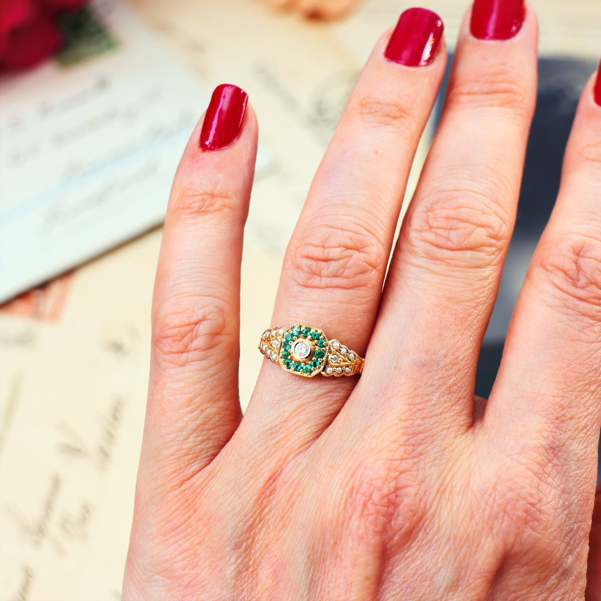 Charming Emerald, Diamond & Pearl Cluster Ring