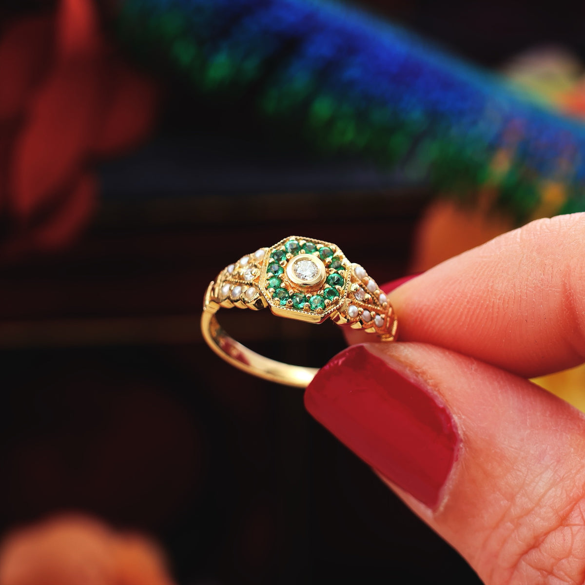 Charming Emerald, Diamond & Pearl Cluster Ring