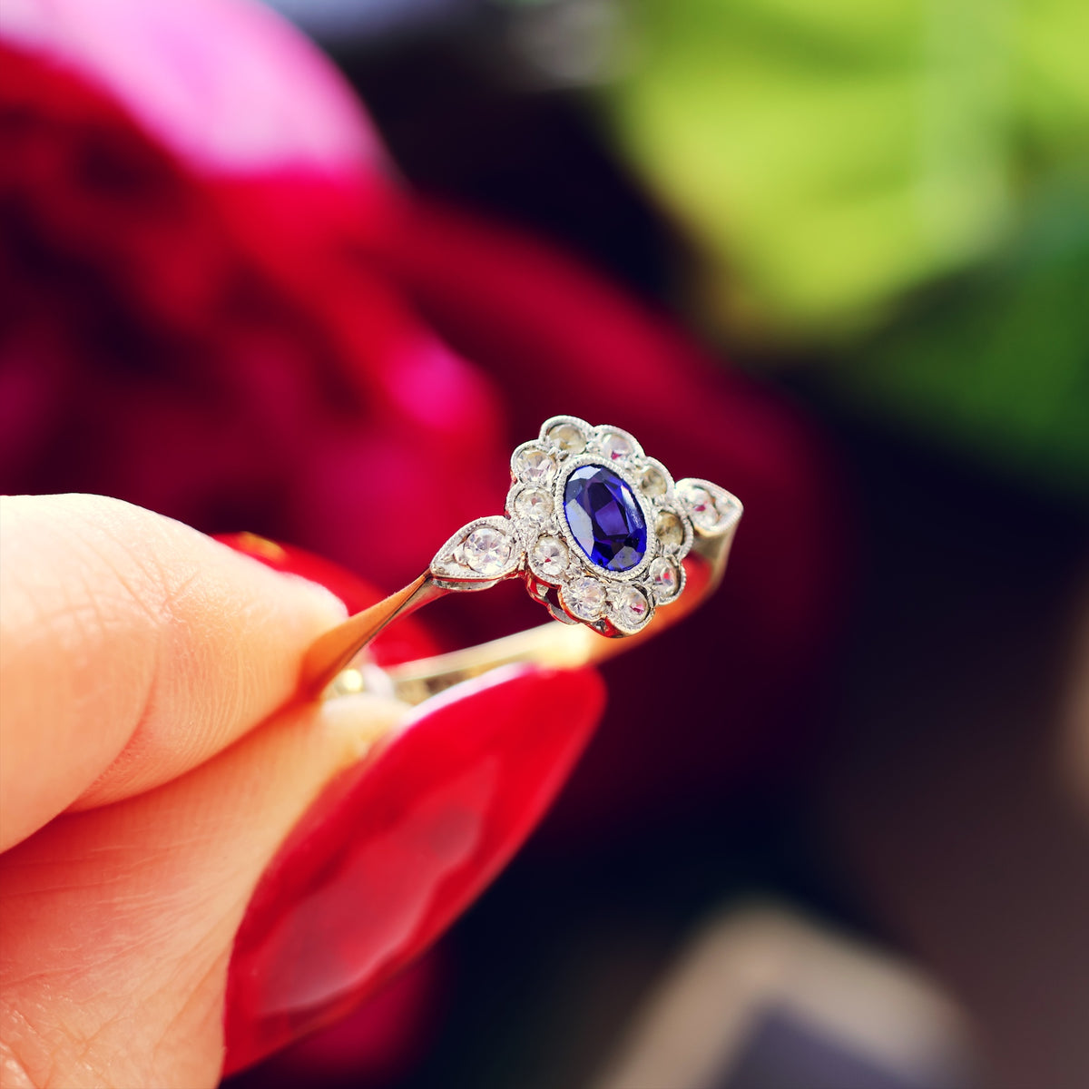 Vintage 1940's Sapphire & Rock Crystal Cluster Ring