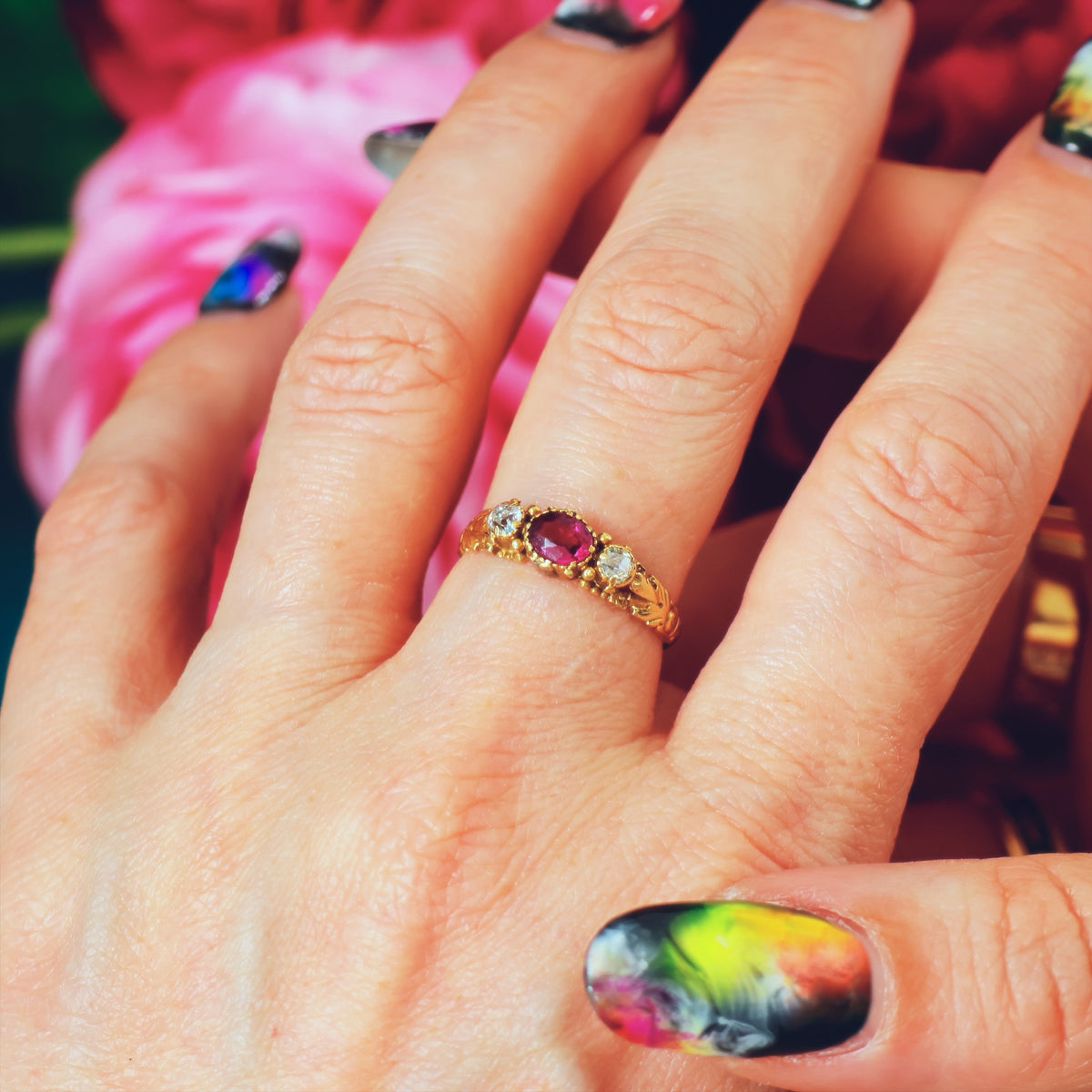 Antique Georgian Pink Tourmaline & Diamond Gem Ring