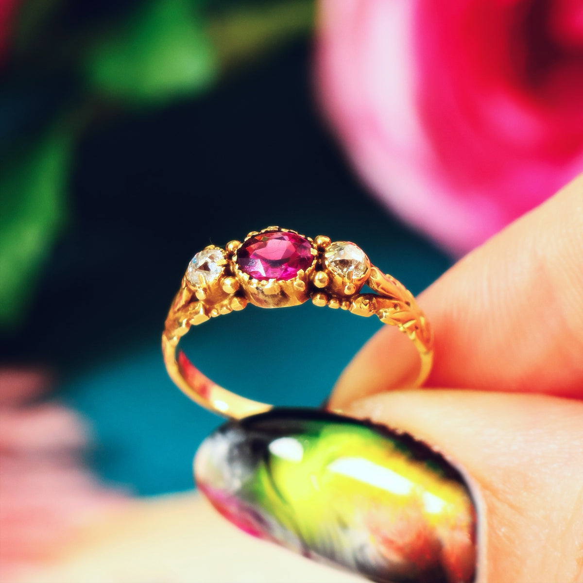 Antique Georgian Pink Tourmaline & Diamond Gem Ring