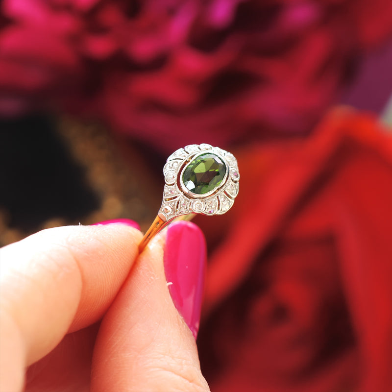 Fine Vintage Green Tourmaline & Diamond Ring