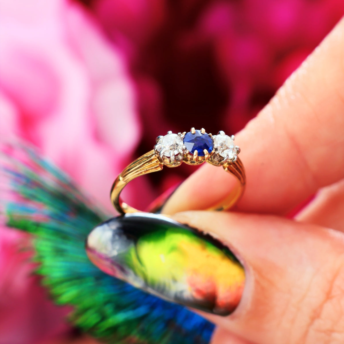 Pristine Antique Trilogy Sapphire & Diamond Engagement Ring