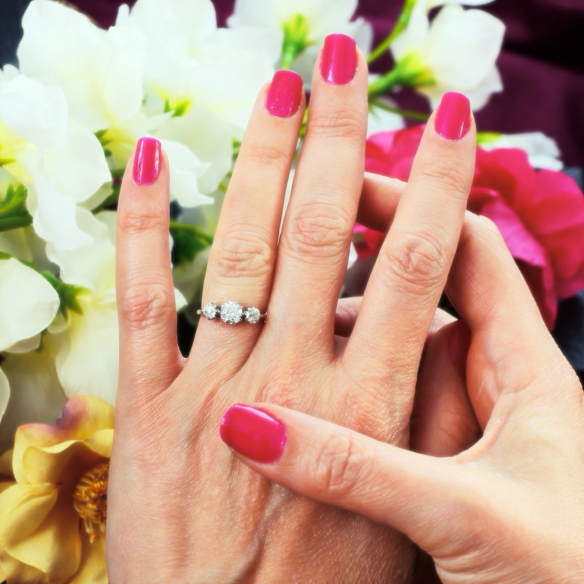 Vintage Hand Cut Diamond Trilogy Engagement Ring