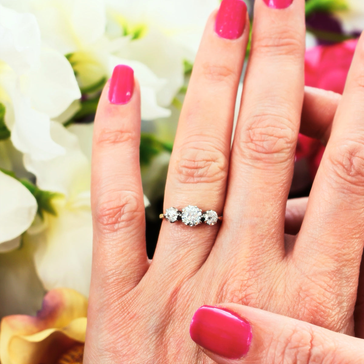 Vintage Hand Cut Diamond Trilogy Engagement Ring