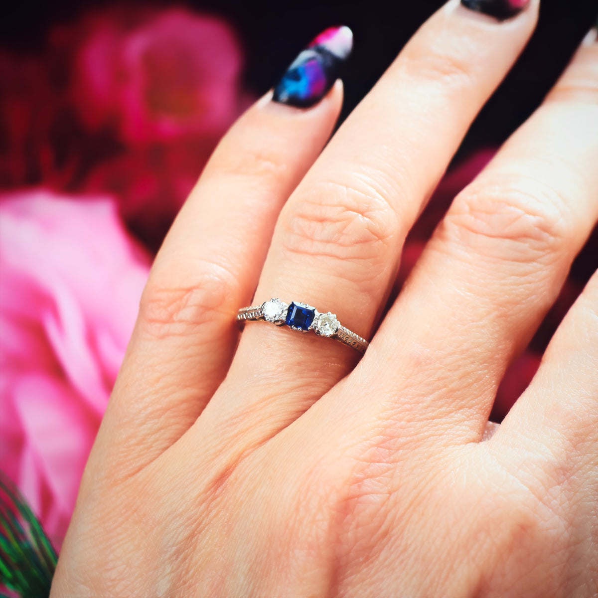 Vintage 1970's Sapphire & Diamond Trilogy Engagement Ring
