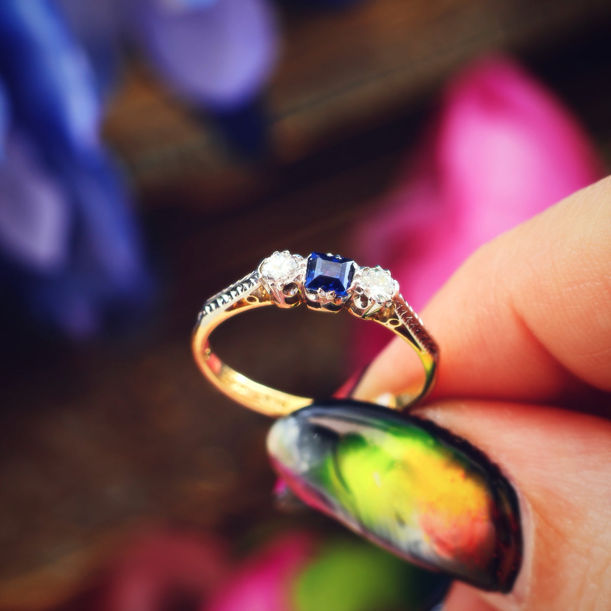 Vintage 1970's Sapphire & Diamond Trilogy Engagement Ring