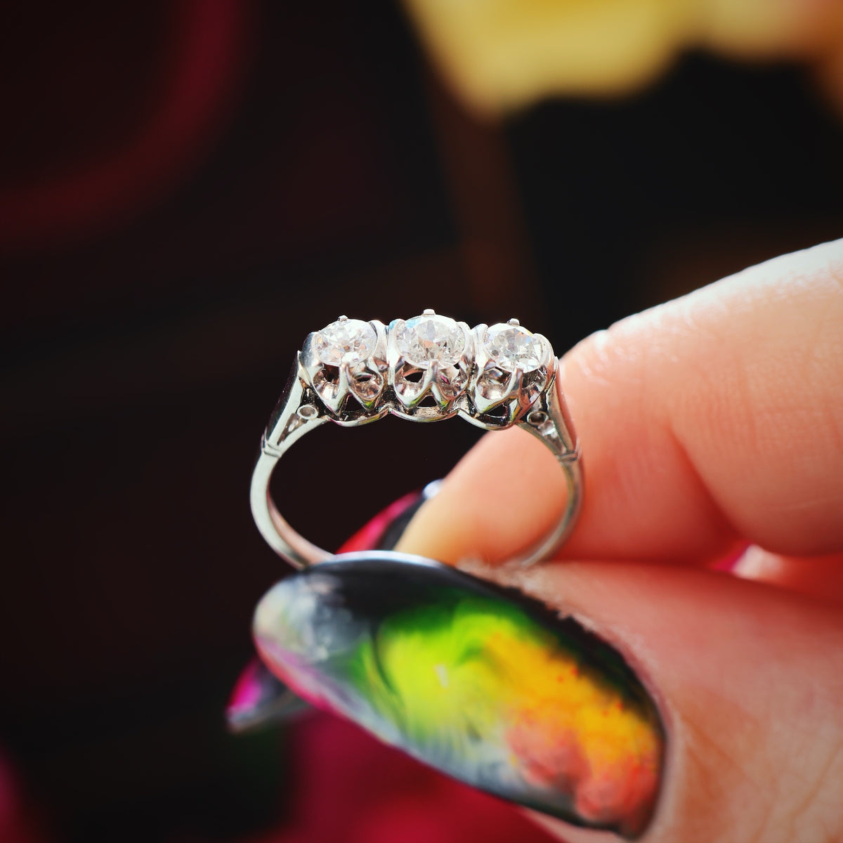 Sparkliest Vintage Platinum Diamond Trilogy Engagement Ring