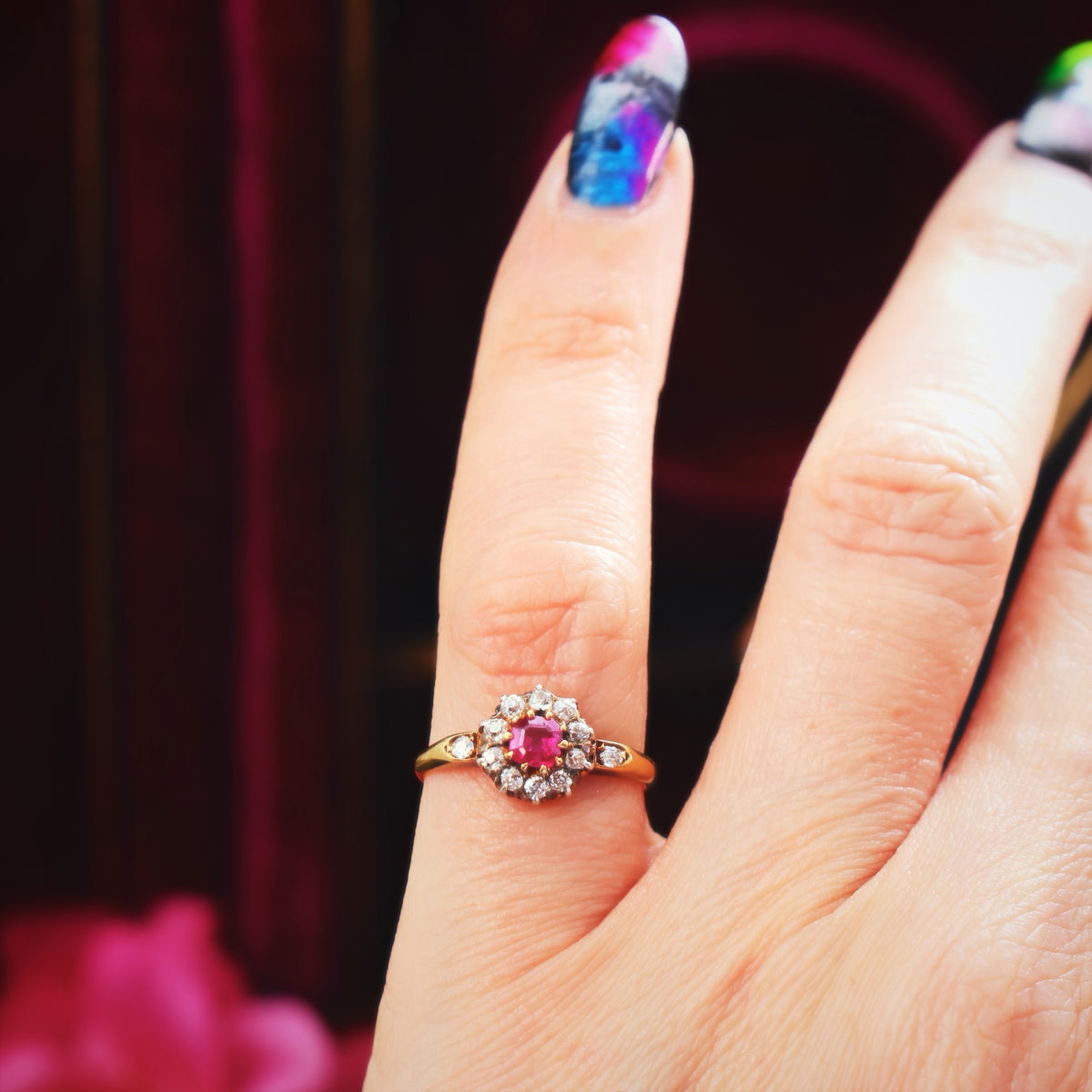 Enchanting Antique Ruby & Diamond Rosette Cluster Ring