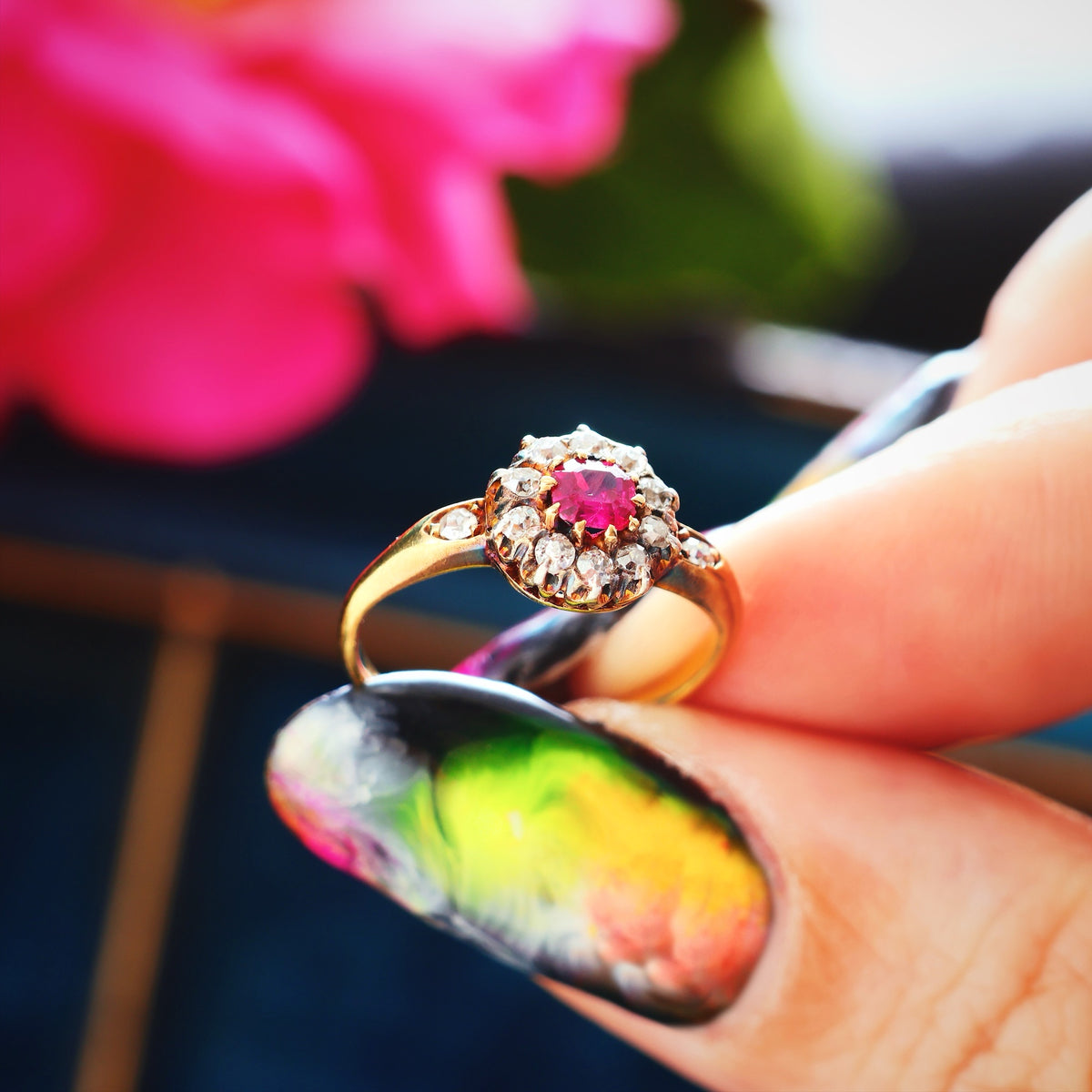 Enchanting Antique Ruby & Diamond Rosette Cluster Ring